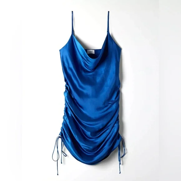 Aritzia Wilfred Only Ruched Slip Dress Adjustable Length Night bird Blue sz SML - Picture 10 of 10